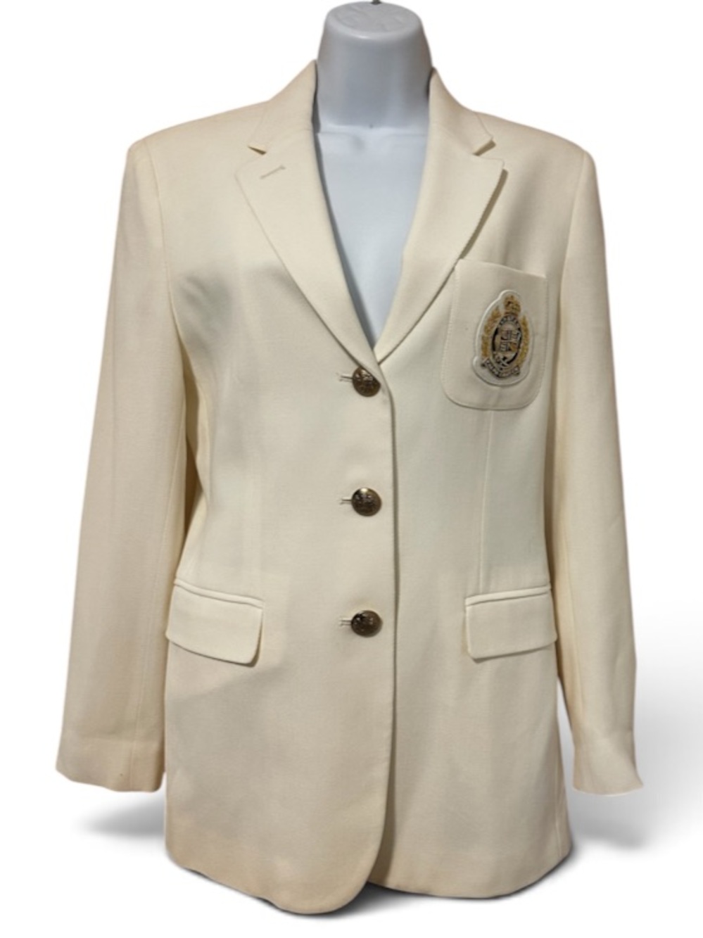 Lauren Ralph Lauren Cream Wool Blazer with Embroidered Crest. Vintage! Size 8P. - Picture 2 of 13